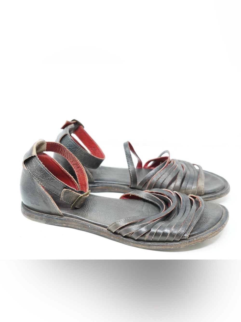BED STU LILIA Flat Strappy Sandals 10 US BLACK RUSTIC Sliced Leather $155